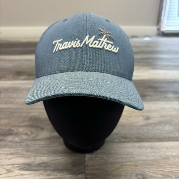 Travis‎ Mathew Blue Gray OS Palm Tree Embroidered 110 Flex Fit Tech Golf Hat Cap - Picture 1 of 8